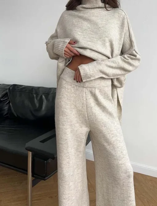 Women's Sweater Co-ords Sweater Set Casual Soft Pure Color Ribbed Turtleneck Split Knitted Long Sleeve Regular Tops Knit Outdoor Daily Weekend Khaki Dark Gray Fall Winter