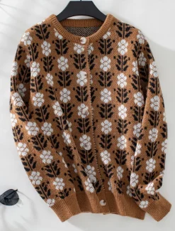 Women's Sweater Daily Casual Graphic Print Open Front Floral Knitted Long Sleeve Regular Tops Knit Home Work Brown Gray Fall Winter