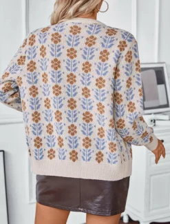 Women's Sweater Daily Casual Graphic Print Open Front Floral Knitted Long Sleeve Regular Tops Knit Home Work Brown Gray Fall Winter