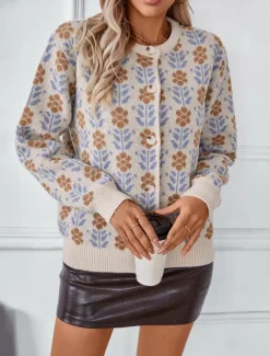 Women's Sweater Daily Casual Graphic Print Open Front Floral Knitted Long Sleeve Regular Tops Knit Home Work Brown Gray Fall Winter