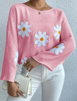 Women's Sweater Daily Casual Floral Graphic Print Crew Neck Knitted Long Sleeve Long Tops Knit Home Work Daily Pink Blue Fall Winter