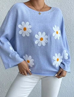 Women's Sweater Daily Casual Floral Graphic Print Crew Neck Knitted Long Sleeve Long Tops Knit Home Work Daily Pink Blue Fall Winter