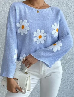 Women's Sweater Daily Casual Floral Graphic Print Crew Neck Knitted Long Sleeve Long Tops Knit Home Work Daily Pink Blue Fall Winter