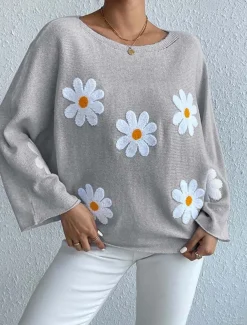 Women's Sweater Daily Casual Floral Graphic Print Crew Neck Knitted Long Sleeve Long Tops Knit Home Work Daily Pink Blue Fall Winter