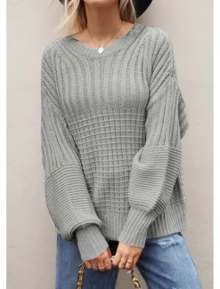 Women's Sweater Daily Casual Pure Color Crew Neck Knitted Textured Lantern Sleeve Long Sleeve Long Tops Knit Formal Home Work Green Khaki Fall Winter