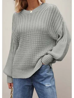 Women's Sweater Daily Casual Pure Color Crew Neck Knitted Textured Lantern Sleeve Long Sleeve Long Tops Knit Formal Home Work Green Khaki Fall Winter