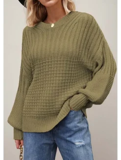 Women's Sweater Daily Casual Pure Color Crew Neck Knitted Textured Lantern Sleeve Long Sleeve Long Tops Knit Formal Home Work Green Khaki Fall Winter