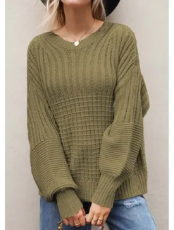 Women's Sweater Daily Casual Pure Color Crew Neck Knitted Textured Lantern Sleeve Long Sleeve Long Tops Knit Formal Home Work Green Khaki Fall Winter