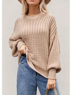 Women's Sweater Daily Casual Pure Color Crew Neck Knitted Textured Lantern Sleeve Long Sleeve Long Tops Knit Formal Home Work Green Khaki Fall Winter