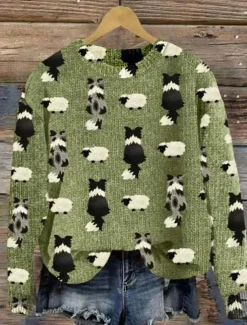 Women's Sweater Daily Graphic Animal Ribbed Crew Neck Print Drop Shoulder Long Sleeve Regular Tops Knit Formal Weekend Green Fall Winter