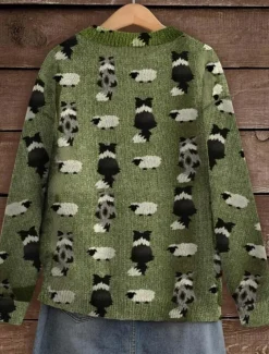 Women's Sweater Daily Graphic Animal Ribbed Crew Neck Print Drop Shoulder Long Sleeve Regular Tops Knit Formal Weekend Green Fall Winter