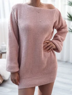 Women's Sweater Dress Casual Soft Solid Color Ribbed Crew Neck Pocket Knitted Cold Shoulder Long Sleeve Long Tops Knit Outdoor Daily Weekend White Pink Fall Winter