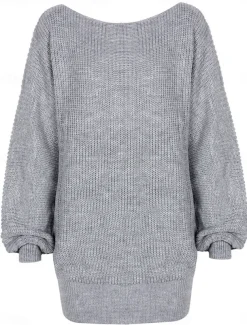 Women's Sweater Dress Casual Soft Solid Color Ribbed Crew Neck Pocket Knitted Cold Shoulder Long Sleeve Long Tops Knit Outdoor Daily Weekend White Pink Fall Winter