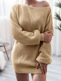 Women's Sweater Dress Casual Soft Solid Color Ribbed Crew Neck Pocket Knitted Cold Shoulder Long Sleeve Long Tops Knit Outdoor Daily Weekend White Pink Fall Winter