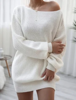 Women's Sweater Dress Casual Soft Solid Color Ribbed Crew Neck Pocket Knitted Cold Shoulder Long Sleeve Long Tops Knit Outdoor Daily Weekend White Pink Fall Winter