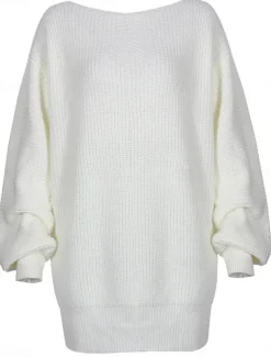 Women's Sweater Dress Casual Soft Solid Color Ribbed Crew Neck Pocket Knitted Cold Shoulder Long Sleeve Long Tops Knit Outdoor Daily Weekend White Pink Fall Winter