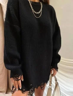 Women's Sweater Dress Casual Soft Pure Color Ribbed Crew Neck Knitted Long Sleeve Long Tops Knit Outdoor Daily Weekend Black Pink Fall Winter