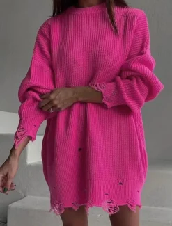 Women's Sweater Dress Casual Soft Pure Color Ribbed Crew Neck Knitted Long Sleeve Long Tops Knit Outdoor Daily Weekend Black Pink Fall Winter