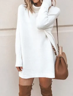 Women's Sweater Dress Casual Soft Pure Color Ribbed Turtleneck Knitted Long Sleeve Long Tops Knit Outdoor Daily Weekend Black White Fall Winter