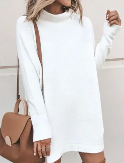Women's Sweater Dress Casual Soft Pure Color Ribbed Turtleneck Knitted Long Sleeve Long Tops Knit Outdoor Daily Weekend Black White Fall Winter