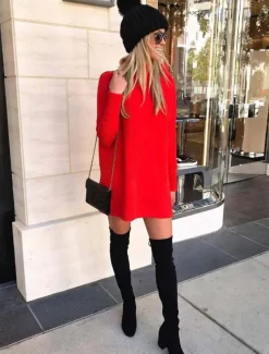 Women's Sweater Dress Casual Soft Pure Color Ribbed Turtleneck Knitted Long Sleeve Long Tops Knit Outdoor Daily Weekend Black White Fall Winter