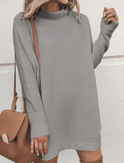 Women's Sweater Dress Casual Soft Pure Color Ribbed Turtleneck Knitted Long Sleeve Long Tops Knit Outdoor Daily Weekend Black White Fall Winter