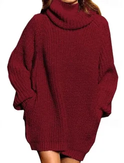 Women's Sweater Dress Casual Solid Color Turtleneck Knitted Long Sleeve Regular Tops Knit Daily Weekend Black Red Fall Winter