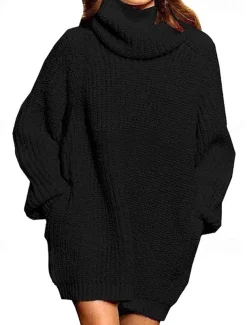 Women's Sweater Dress Casual Solid Color Turtleneck Knitted Long Sleeve Regular Tops Knit Daily Weekend Black Red Fall Winter