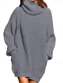 Women's Sweater Dress Casual Solid Color Turtleneck Knitted Long Sleeve Regular Tops Knit Daily Weekend Black Red Fall Winter