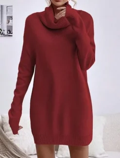 Women's Sweater Dress Casual Soft Pure Color Ribbed Turtleneck Knitted Long Sleeve Long Tops Knit Outdoor Daily Weekend Black Pink Fall Winter