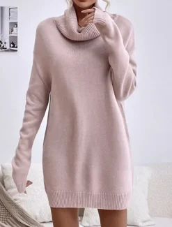 Women's Sweater Dress Casual Soft Pure Color Ribbed Turtleneck Knitted Long Sleeve Long Tops Knit Outdoor Daily Weekend Black Pink Fall Winter