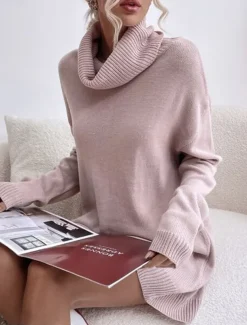 Women's Sweater Dress Casual Soft Pure Color Ribbed Turtleneck Knitted Long Sleeve Long Tops Knit Outdoor Daily Weekend Black Pink Fall Winter