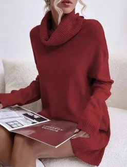 Women's Sweater Dress Casual Soft Pure Color Ribbed Turtleneck Knitted Long Sleeve Long Tops Knit Outdoor Daily Weekend Black Pink Fall Winter