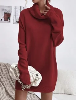 Women's Sweater Dress Casual Soft Pure Color Ribbed Turtleneck Knitted Long Sleeve Long Tops Knit Outdoor Daily Weekend Black Pink Fall Winter