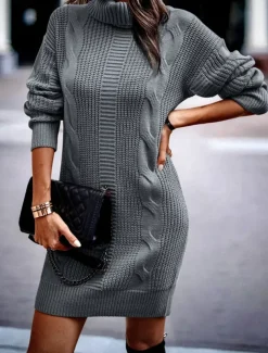 Women's Sweater Dress Casual Soft Pure Color Cable Turtleneck Knitted Long Sleeve Long Tops Knit Outdoor Daily Weekend Pink Khaki Fall Winter