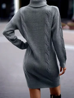 Women's Sweater Dress Casual Soft Pure Color Cable Turtleneck Knitted Long Sleeve Long Tops Knit Outdoor Daily Weekend Pink Khaki Fall Winter