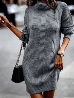 Women's Sweater Dress Casual Soft Pure Color Cable Turtleneck Knitted Long Sleeve Long Tops Knit Outdoor Daily Weekend Pink Khaki Fall Winter