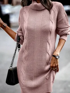 Women's Sweater Dress Casual Soft Pure Color Cable Turtleneck Knitted Long Sleeve Long Tops Knit Outdoor Daily Weekend Pink Khaki Fall Winter