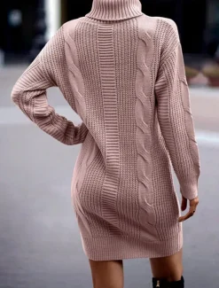Women's Sweater Dress Casual Soft Pure Color Cable Turtleneck Knitted Long Sleeve Long Tops Knit Outdoor Daily Weekend Pink Khaki Fall Winter