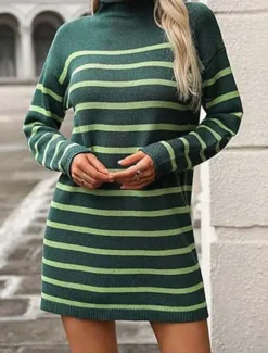 Women's Sweater Dress Casual Striped Mock Neck Print Long Sleeve Regular Tops Knit Work Daily White / Black Green Fall Winter