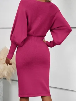 Women's Sweater Dress Casual Soft Pure Color Ribbed Crew Neck Knitted Long Sleeve Long Tops Knit Outdoor Daily Weekend Black Fuchsia Fall Winter