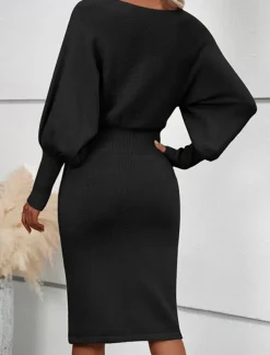 Women's Sweater Dress Casual Soft Pure Color Ribbed Crew Neck Knitted Long Sleeve Long Tops Knit Outdoor Daily Weekend Black Fuchsia Fall Winter