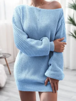 Women's Sweater Dress Casual Soft Pure Color Ribbed Boat Neck Knitted Long Sleeve Long Tops Knit Outdoor Daily Weekend Pink Blue Fall Winter