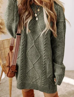Women's Sweater Dress Casual Soft Pure Color Cable Crew Neck Knitted Long Sleeve Long Tops Knit Outdoor Daily Weekend Black Green Fall Winter