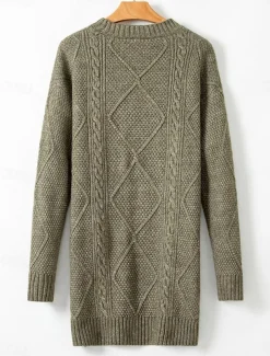 Women's Sweater Dress Casual Soft Pure Color Cable Crew Neck Knitted Long Sleeve Long Tops Knit Outdoor Daily Weekend Black Green Fall Winter