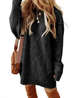 Women's Sweater Dress Casual Soft Pure Color Cable Crew Neck Knitted Long Sleeve Long Tops Knit Outdoor Daily Weekend Black Green Fall Winter