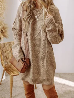 Women's Sweater Dress Casual Soft Pure Color Cable Crew Neck Knitted Long Sleeve Long Tops Knit Outdoor Daily Weekend Black Green Fall Winter