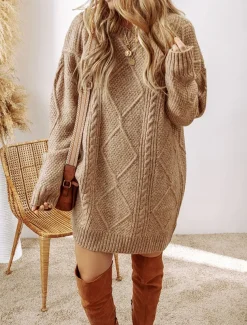 Women's Sweater Dress Casual Soft Pure Color Cable Crew Neck Knitted Long Sleeve Long Tops Knit Outdoor Daily Weekend Black Green Fall Winter