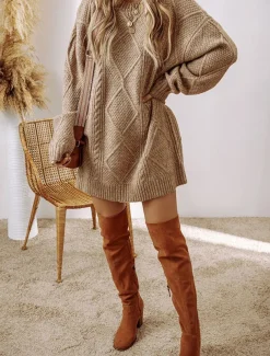 Women's Sweater Dress Casual Soft Pure Color Cable Crew Neck Knitted Long Sleeve Long Tops Knit Outdoor Daily Weekend Black Green Fall Winter