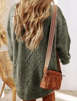 Women's Sweater Dress Casual Soft Pure Color Cable Crew Neck Knitted Long Sleeve Long Tops Knit Outdoor Daily Weekend Black Green Fall Winter